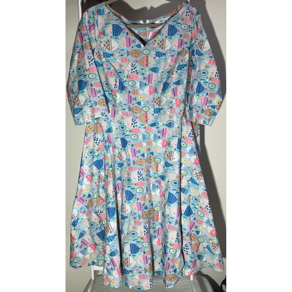 EShakti Custom Swing Dress Fish Print Multicolor Spring Summer M/L‎
